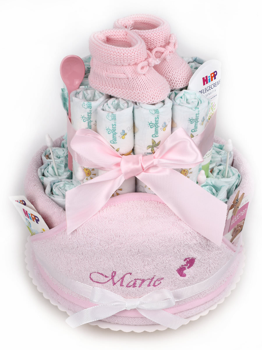 Windeltorte Mädchen rosa Bärchen Ente personalisiert mit Namen 