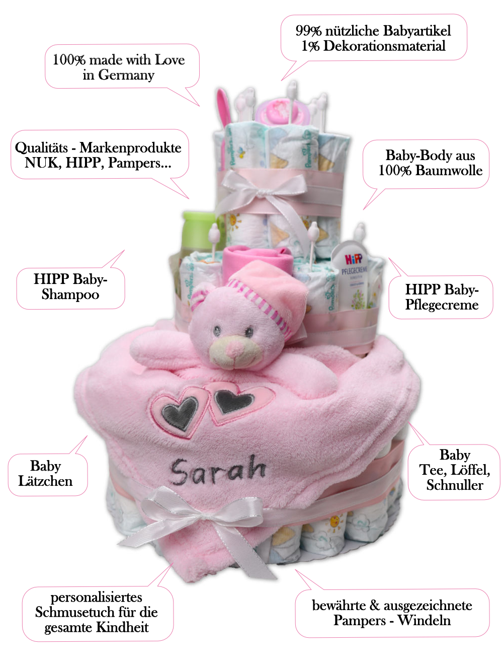 Windelgeschenk zur Geburt Mädchen Lätzchen Schnuller Windeln Baby Mitbringsel 