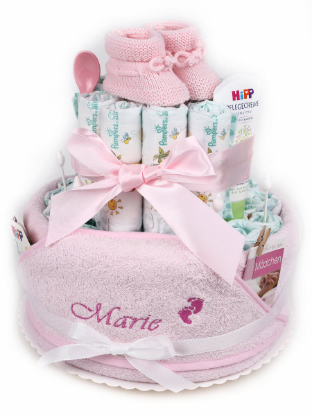 Windeltorte Mädchen rosa Bärchen Ente personalisiert mit Namen 